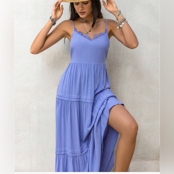 Blue Boho Solid Ruffle Hem Cami Dress - Picture 4 of 10
